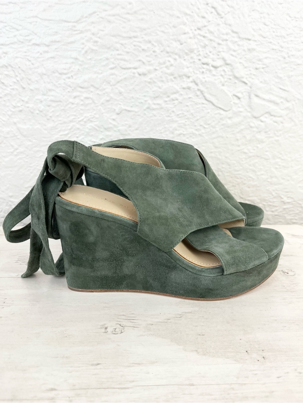Etienne Aigner Wedge Heels Sandals Shoes Green Suede Tie Ankle 8.5 - Picture 8 of 15